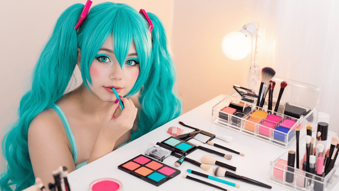 A young woman applies vibrant turquoise and electric blue cosplay makeup at a clean white vanity, surrounded by organized makeup brushes and colorful pigments, with a turquoise wig nearby and soft warm lighting creating a creative atmosphere.