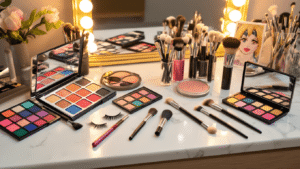 A well-organized makeup vanity featuring colorful eyeshadow palettes, professional brushes, and character accessories on a clean white marble surface, bathed in warm golden hour lighting, perfect for cosplay makeup artistry.
