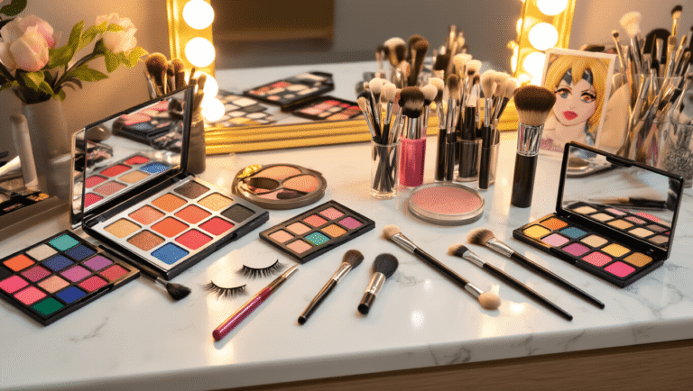 A well-organized makeup vanity featuring colorful eyeshadow palettes, professional brushes, and character accessories on a clean white marble surface, bathed in warm golden hour lighting, perfect for cosplay makeup artistry.