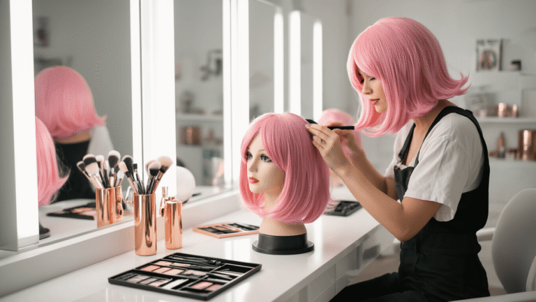 A bright modern makeup studio with large windows, featuring a cosplayer styling a pastel pink wig on a mannequin at a sleek vanity, surrounded by professional tools and rose gold accents, illuminated by warm natural light.