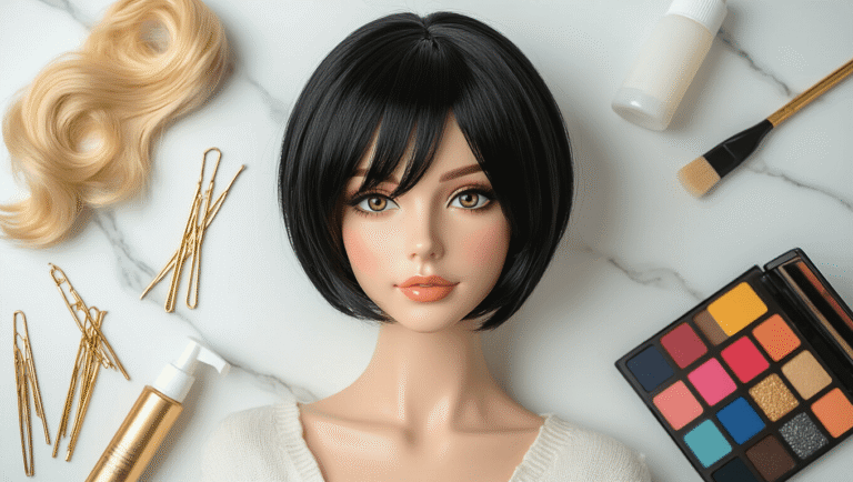 A flat lay of cosplay styling essentials on a white marble surface, featuring a short black pixie wig, metallic bobby pins, a clear spray bottle, hair gel, and a colorful makeup palette, illuminated by warm golden hour lighting.