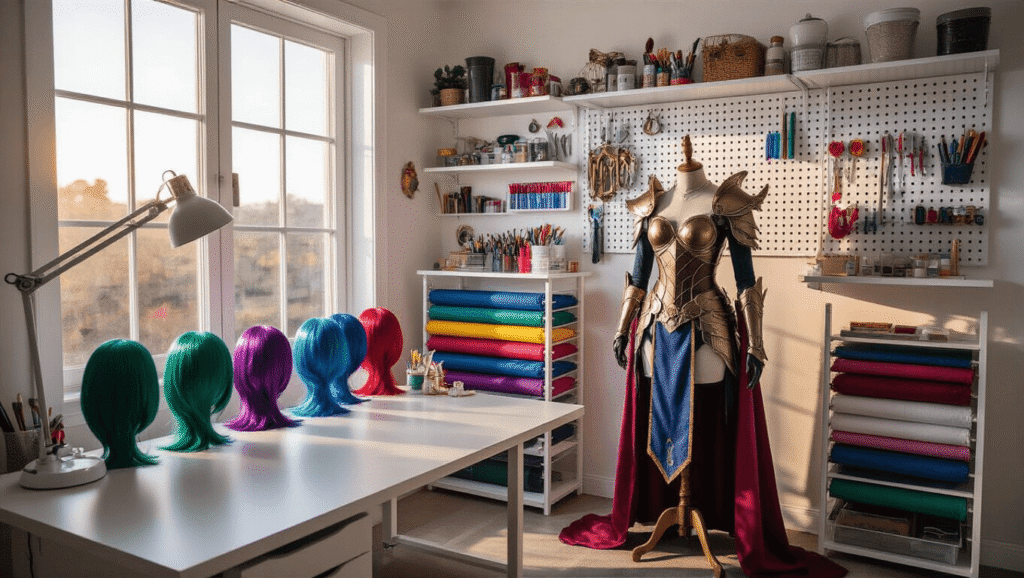 A bright and organized cosplay room featuring a sleek craft desk, colorful wigs, a dress mannequin showcasing an elaborate costume, and neatly arranged crafting tools on a pegboard, all illuminated by warm golden hour light.