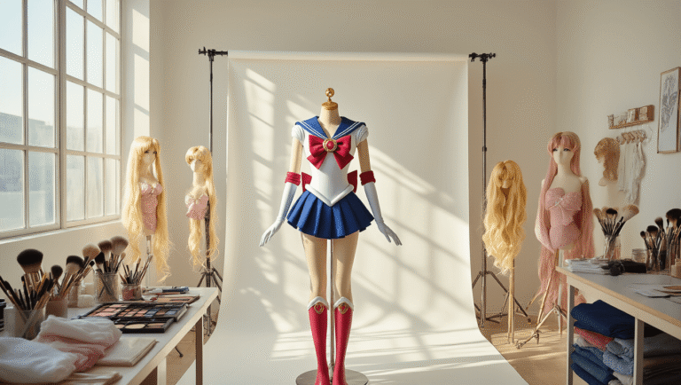 A photography studio featuring a Sailor Moon costume on a mannequin, surrounded by professional makeup brushes, premium wigs, and rose gold accessories, illuminated by soft natural light streaming through large windows.