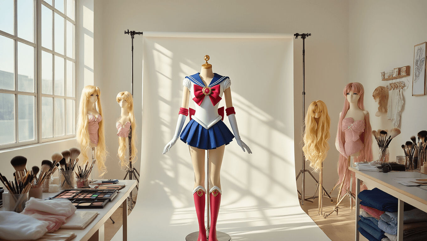 A photography studio featuring a Sailor Moon costume on a mannequin, surrounded by professional makeup brushes, premium wigs, and rose gold accessories, illuminated by soft natural light streaming through large windows.