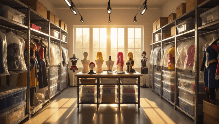 A well-organized cosplay craft room featuring acrylic storage containers, garment bags with costumes, and colorful wig heads under warm sunlight, highlighting industrial shelving and inviting textures.
