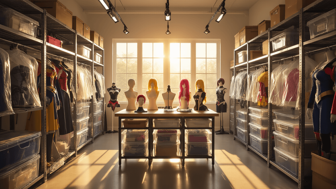 A well-organized cosplay craft room featuring acrylic storage containers, garment bags with costumes, and colorful wig heads under warm sunlight, highlighting industrial shelving and inviting textures.
