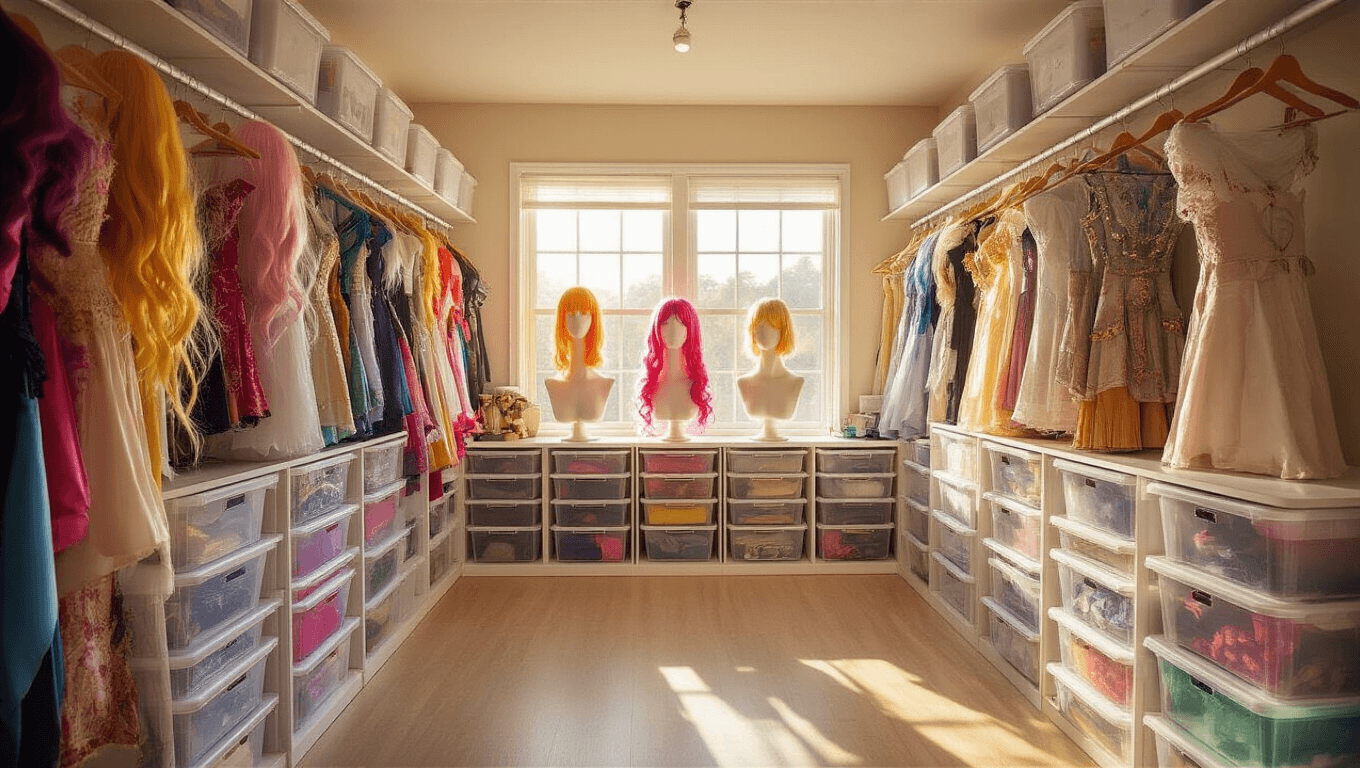 A beautifully organized cosplay storage space featuring colorful costumes, vibrant wigs on mannequin heads, and neatly arranged props, illuminated by warm golden hour light.