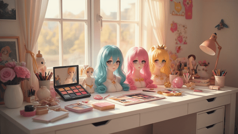 A cozy cosplay workspace with vibrant wigs, makeup palettes, and character accessories on a clean white wooden desk, illuminated by soft morning light, creating an inviting atmosphere.