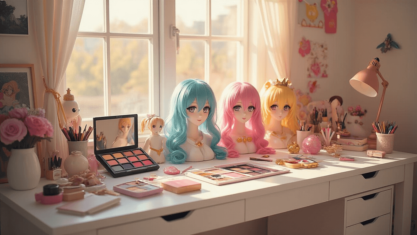 A cozy cosplay workspace with vibrant wigs, makeup palettes, and character accessories on a clean white wooden desk, illuminated by soft morning light, creating an inviting atmosphere.