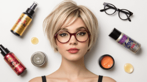 A flat lay of cosplay styling essentials including temporary hair color sprays, character glasses, hair waxing products, and wig caps on a clean white background, highlighting colorful packaging and textures in soft natural lighting.