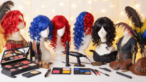 A vibrant cosplay styling station featuring colorful curly wigs on mannequin heads, surrounded by styling tools, makeup palettes, medieval dresses, leather accessories, and feathered props, all set against a clean white background with warm golden lighting.