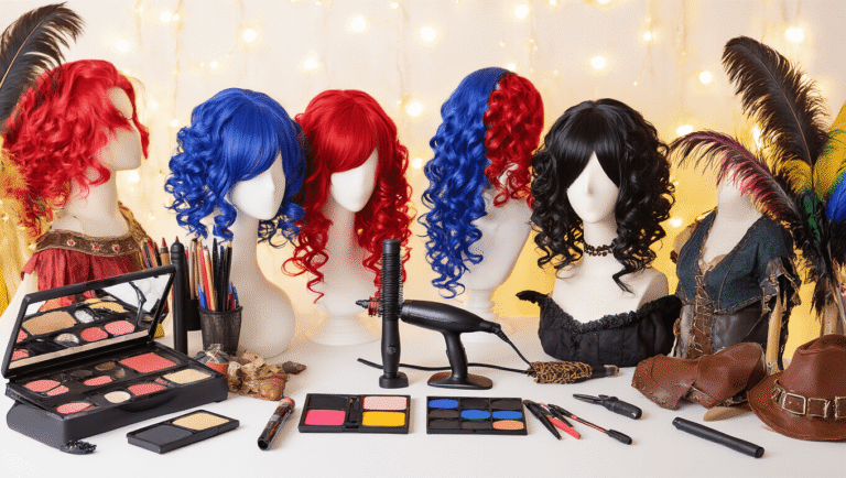 A vibrant cosplay styling station featuring colorful curly wigs on mannequin heads, surrounded by styling tools, makeup palettes, medieval dresses, leather accessories, and feathered props, all set against a clean white background with warm golden lighting.