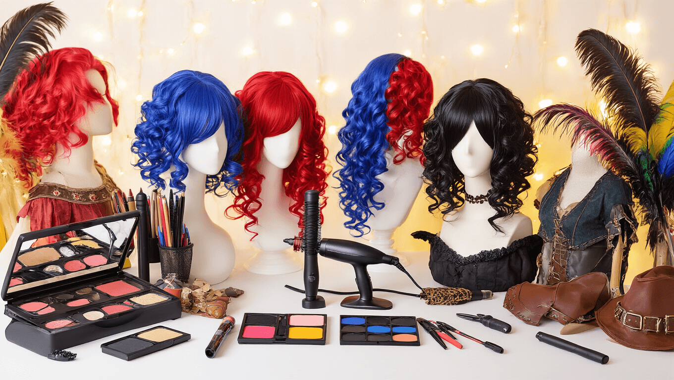 A vibrant cosplay styling station featuring colorful curly wigs on mannequin heads, surrounded by styling tools, makeup palettes, medieval dresses, leather accessories, and feathered props, all set against a clean white background with warm golden lighting.