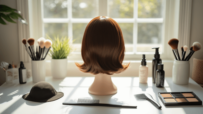 A bright craft room featuring a brown wig on a mannequin head, surrounded by styling tools and cosplay supplies, with natural light illuminating the workspace.
