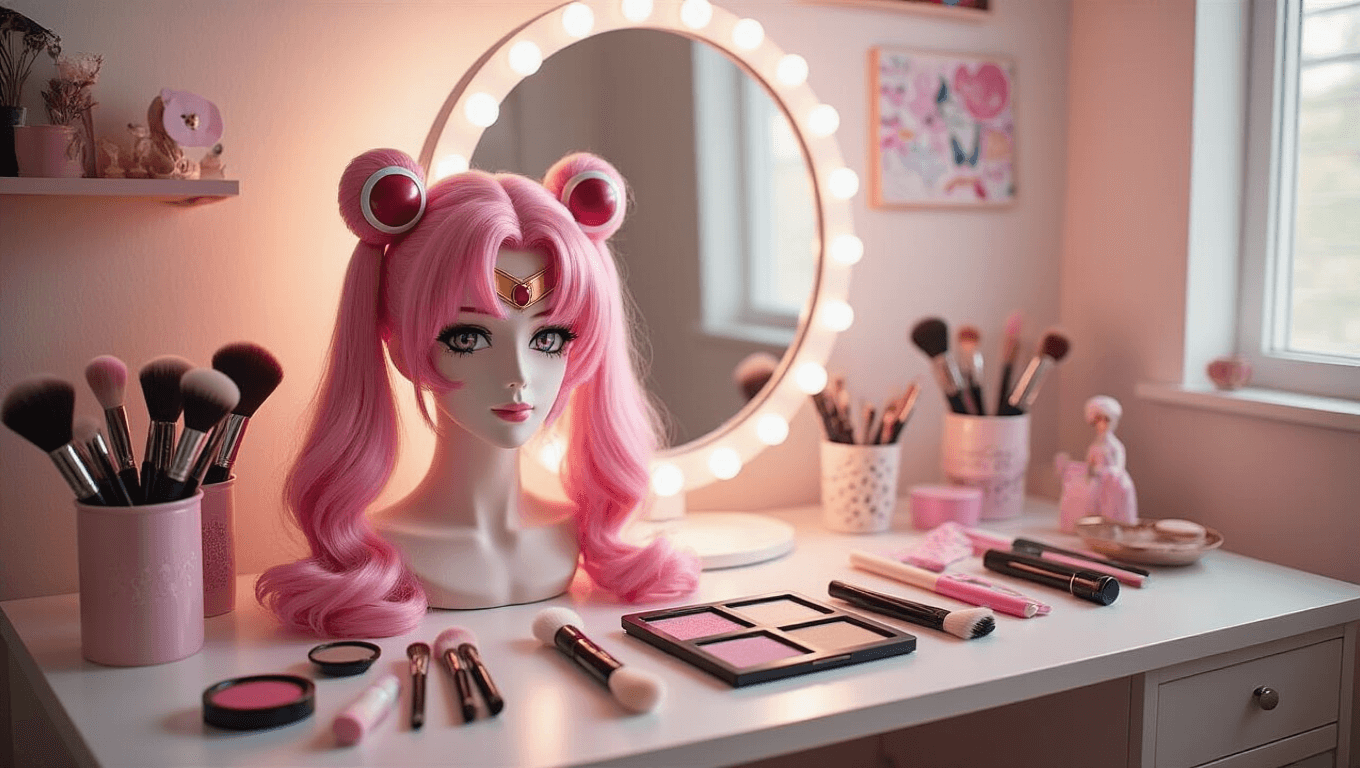 Cozy home studio workspace with pastel pink Sailor Moon wig on a wig head, surrounded by makeup brushes, hair styling tools, and cosplay accessories, featuring a pearl-finished vanity mirror and a professional ring light, creating a dreamy feminine aesthetic.