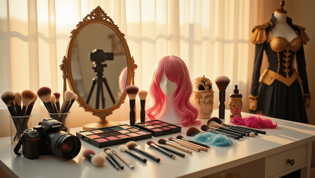 Photorealistic cosplay vanity with makeup brushes, colorful wigs, and props on a white surface, illuminated by warm afternoon light, featuring a vintage mirror and a costume on a dress form in the background.