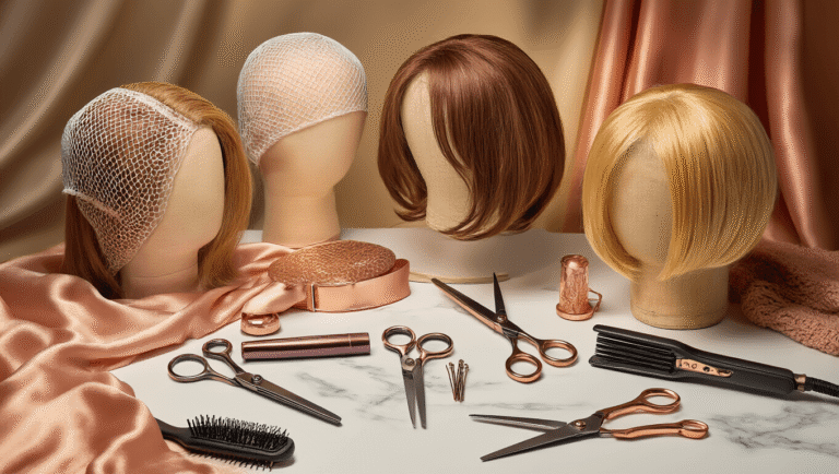A cozy and artistic workspace for cosplay wig styling, featuring colorful synthetic wigs on mannequin heads, fishnet wig caps, bobby pins, Got2b freeze spray, professional shears, an adjustable flat iron, and a detangling brush, all arranged on soft silk and marble surfaces with warm lighting and rose gold accents.