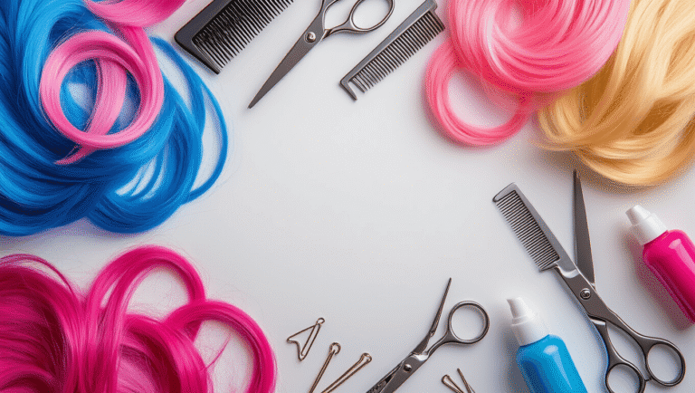 Flat lay of cosplay wig styling essentials including vibrant synthetic wig fibers, professional scissors, styling brushes, hair clips, and freeze spray bottles on a clean white background, illuminated by soft golden hour lighting.