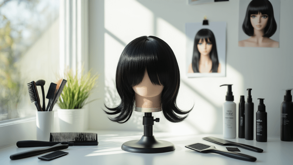 A bright and tidy cosplay workspace featuring a black wig on a styling head, surrounded by brushes, combs, and hairspray, with natural morning light illuminating character reference photos and mood boards on a white wall.