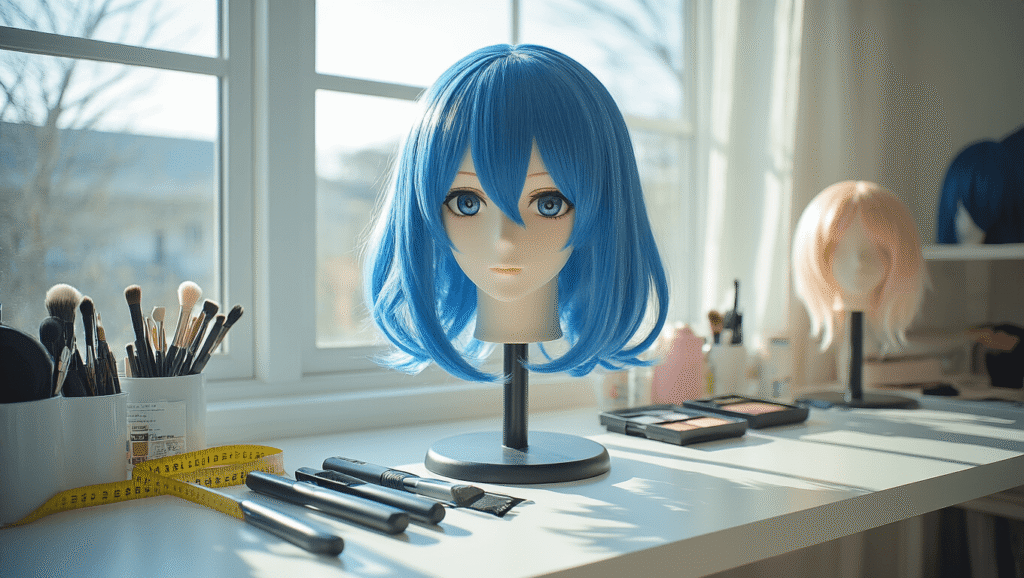 The Ultimate Guide to Anime Cosplay Fashion: From Beginner to Pro A bright, modern bedroom cosplay workspace showcasing a styled blue anime wig on a mannequin, professional styling tools, completed wigs on stands, and organized supplies, all illuminated by natural morning light.
