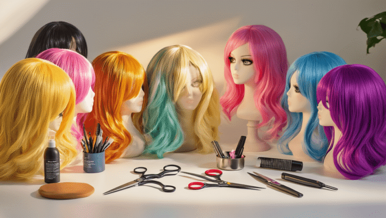 A warm, inviting workspace showcasing vibrant cosplay wigs on mannequin heads, professional scissors, heat-resistant styling tools, and freeze spray on a clean white surface, illuminated by soft golden hour lighting that enhances the silky textures of the synthetic hair.