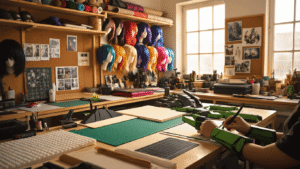 A brightly lit cosplay workshop featuring a crafting table with neatly arranged EVA foam sheets and tools, colorful wigs and fabric rolls on shelves, and hands working on black and green armor patterns, all surrounded by warm lighting and inspiring reference boards.