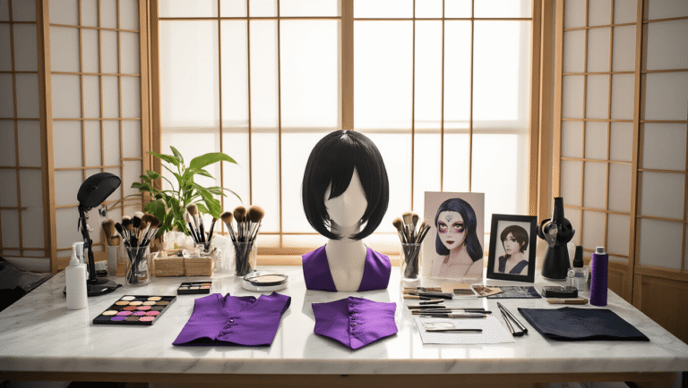 An organized cosplay workspace featuring a black wig on a head form, purple fabric samples, face paint materials, and reference photos on a white marble counter, illuminated by natural sunlight. Professional makeup brushes and sewing supplies are neatly arranged, with a traditional Japanese room divider in the background.