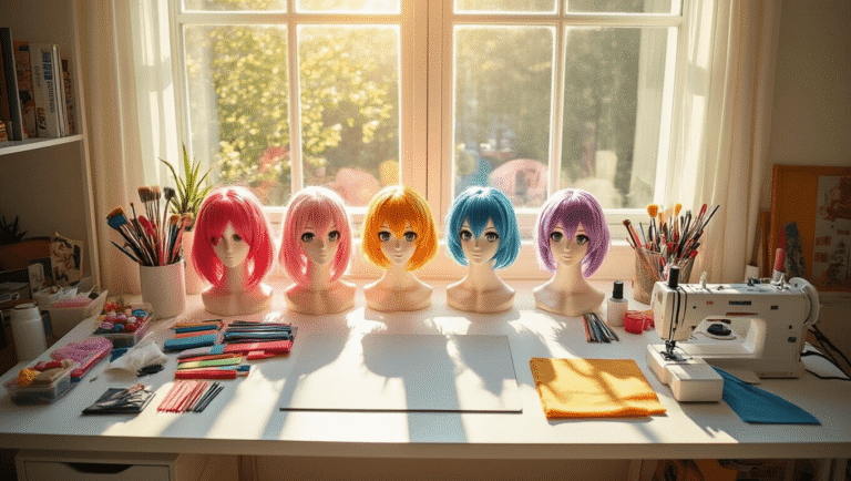 Brightly lit cosplay workspace from above, featuring a white desk with colorful anime wigs, craft supplies, and a sewing machine, arranged artistically to showcase organization and creativity.