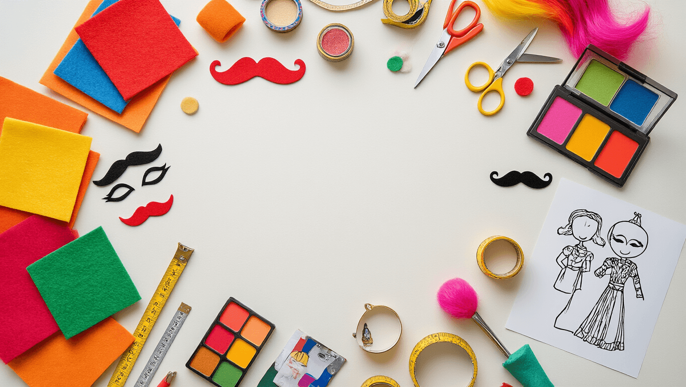 A vibrant flat lay of couple costume accessories and DIY materials on a white background, featuring colorful felt squares, makeup palettes, craft scissors, measuring tape, sketched designs, fake mustaches, and wigs, all illuminated by soft golden lighting.