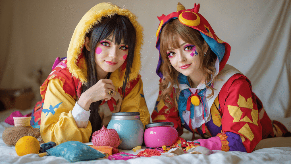 A couple in vibrant matching cosplay costumes and creative makeup pose against a clean white background, with character props and soft fabrics arranged nearby, all illuminated by warm golden hour lighting.