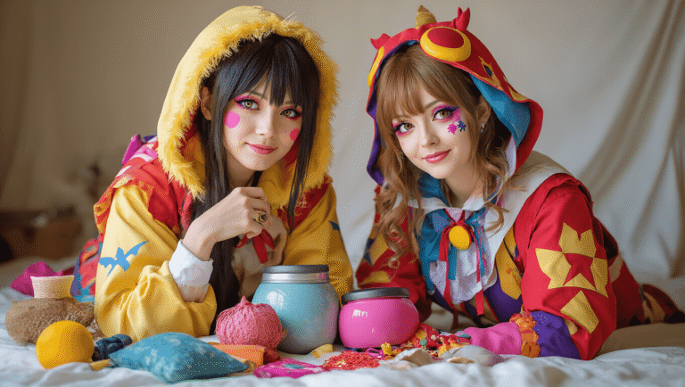 A couple in vibrant matching cosplay costumes and creative makeup pose against a clean white background, with character props and soft fabrics arranged nearby, all illuminated by warm golden hour lighting.