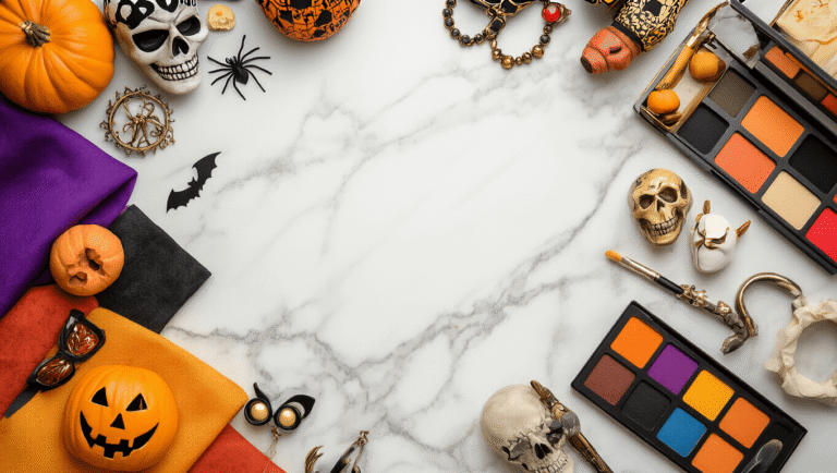 A flat lay of couples Halloween costumes featuring colorful fabric swatches, vintage accessories, makeup palettes, character props, and DIY crafting materials arranged on a white marble surface, illuminated by soft golden hour lighting.