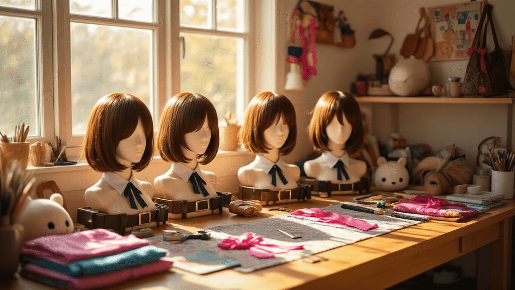 A cozy craft room filled with brown cosplay wigs on mannequin heads, colorful fabric swatches, character accessories like pink ribbons and utility belts, and foam props arranged on a bright wooden table, illuminated by warm afternoon sunlight streaming through the windows.
