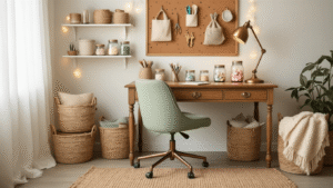 Cozy crafting corner featuring a vintage oak desk, organized mason jars, woven baskets, and warm lighting, with a sage green chair and artistic supplies, creating an inviting and creative atmosphere.