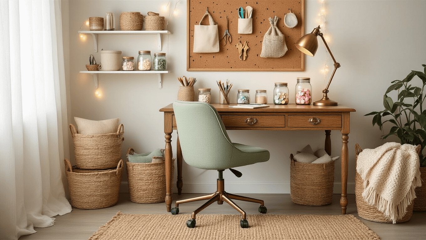 Cozy crafting corner featuring a vintage oak desk, organized mason jars, woven baskets, and warm lighting, with a sage green chair and artistic supplies, creating an inviting and creative atmosphere.