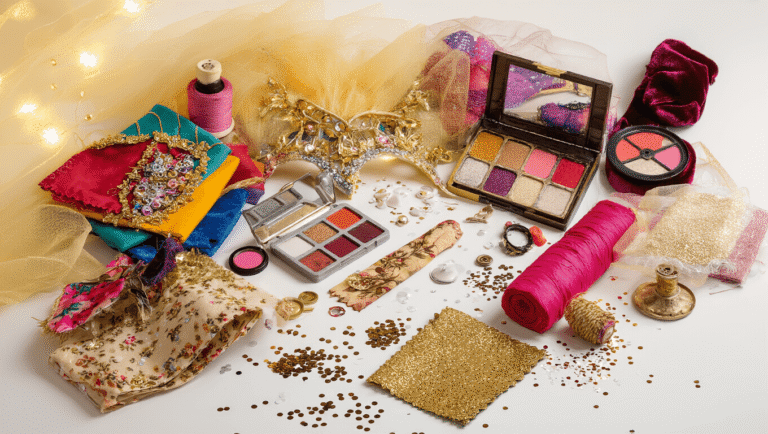 A cozy crafting scene with colorful costume accessories, fabric swatches, and makeup palettes arranged on a clean white background, illuminated by soft golden lighting, with scattered sequins, glitter, and vintage sewing notions adding charm and texture.