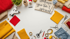 A cozy home studio workspace showcasing scattered red and yellow fabric swatches, hand-lettered t-shirts, craft supplies, and tools like a hot glue gun and scissors, all illuminated by warm natural light on a clean white surface.