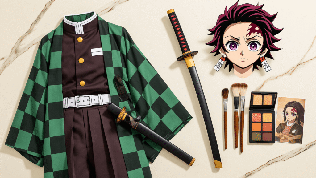 Ultimate Demon Slayer Cosplay Flat lay of Demon Slayer cosplay essentials featuring a Tanjiro uniform, foam katana prop, character wig, earthy makeup palette, styling brushes, and reference images on a clean marble surface with soft golden hour lighting.