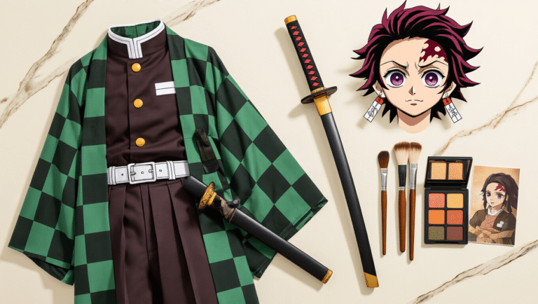 Flat lay of Demon Slayer cosplay essentials featuring a Tanjiro uniform, foam katana prop, character wig, earthy makeup palette, styling brushes, and reference images on a clean marble surface with soft golden hour lighting.