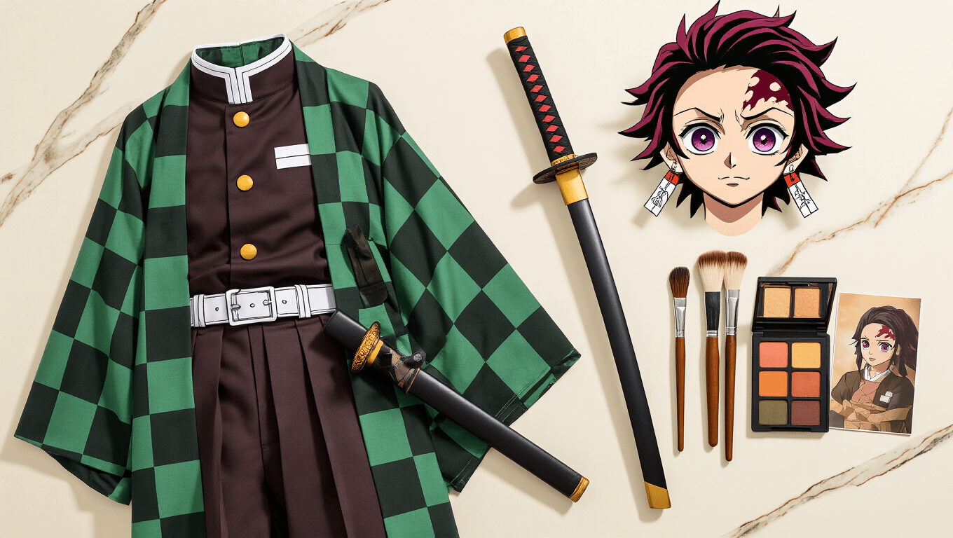 Flat lay of Demon Slayer cosplay essentials featuring a Tanjiro uniform, foam katana prop, character wig, earthy makeup palette, styling brushes, and reference images on a clean marble surface with soft golden hour lighting.