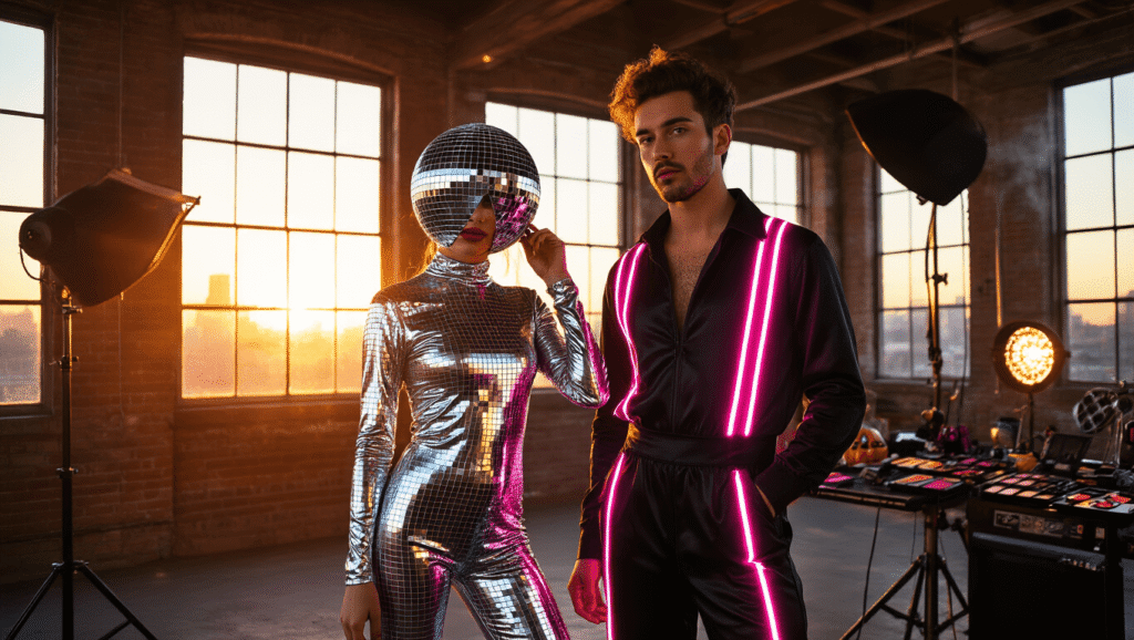 Two friends in vibrant Halloween costumes pose in an urban loft during golden hour; one wears a glittering silver disco ball bodysuit, while the other dons a black jumpsuit adorned with neon LED strips. Warm sunset light filters through large industrial windows, casting dramatic shadows and creating a retro disco vibe, with professional lighting and a makeup station in the background.