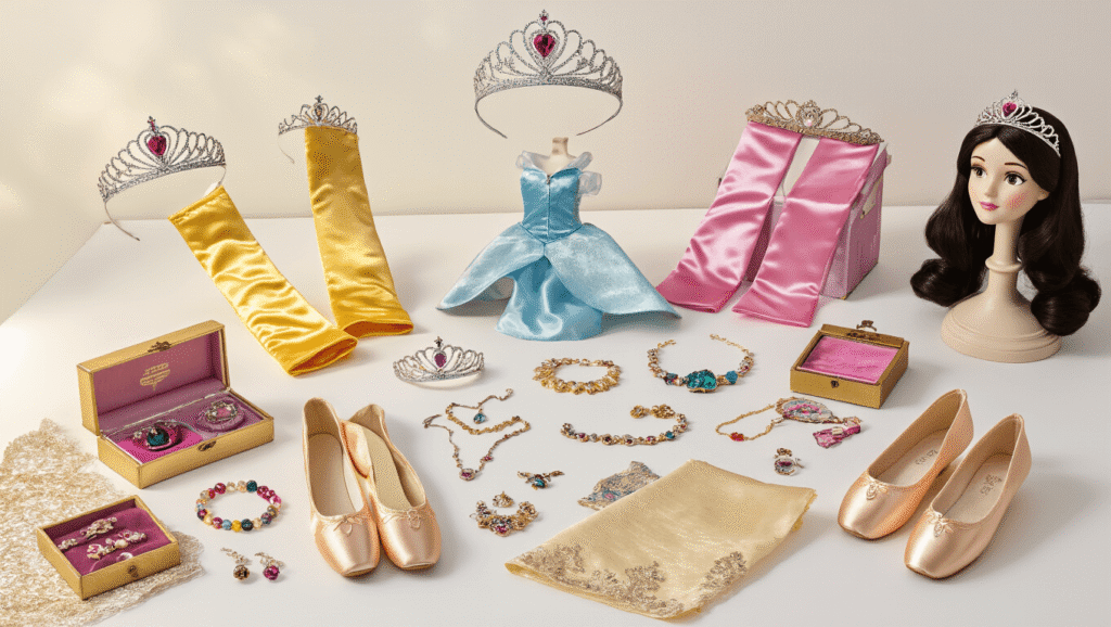 A beautifully arranged flat lay of Disney princess costume accessories on a clean white background, featuring tiaras, colorful satin gloves, vintage jewelry boxes, character wigs, themed necklaces, bracelets, satin ballet slippers, and delicate fabric swatches, illuminated by soft golden lighting.