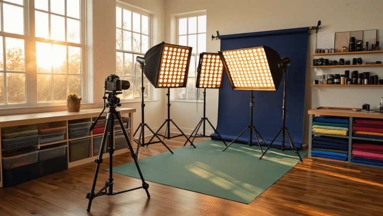 A beautifully organized home cosplay photography studio illuminated by warm golden hour sunlight, featuring a DSLR camera on a tripod, multiple softbox lights, navy blue and sage green backdrops, and colorful fabric storage, all set against a backdrop of hardwood floors and white walls, embodying a creative and inviting atmosphere.