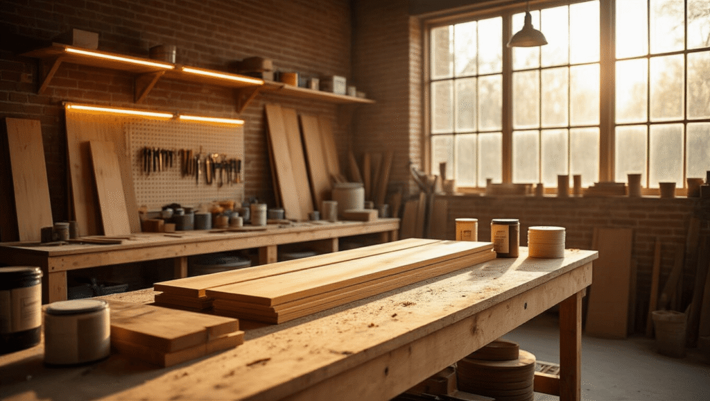 A spacious craftsman workshop filled with warm sunlight, featuring a sturdy oak workbench surrounded by natural pine wood boards, brass hinges, coiled LED strips, and organized woodworking tools, creating an atmosphere of creativity and craftsmanship.