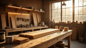 A spacious craftsman workshop filled with warm sunlight, featuring a sturdy oak workbench surrounded by natural pine wood boards, brass hinges, coiled LED strips, and organized woodworking tools, creating an atmosphere of creativity and craftsmanship.