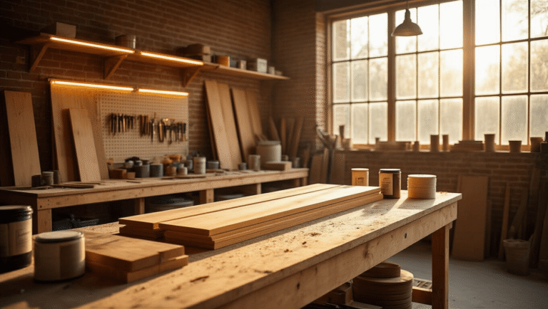 A spacious craftsman workshop filled with warm sunlight, featuring a sturdy oak workbench surrounded by natural pine wood boards, brass hinges, coiled LED strips, and organized woodworking tools, creating an atmosphere of creativity and craftsmanship.