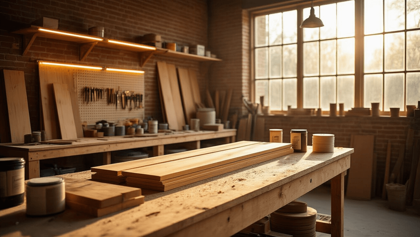 A spacious craftsman workshop filled with warm sunlight, featuring a sturdy oak workbench surrounded by natural pine wood boards, brass hinges, coiled LED strips, and organized woodworking tools, creating an atmosphere of creativity and craftsmanship.