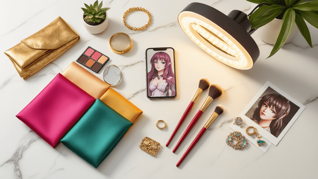 A flat lay of DTI cosplay essentials on a white marble surface, featuring vibrant fabric swatches, metallic accessories, a smartphone with a ring light, makeup brushes, character reference photos, and glittering jewelry, all bathed in warm natural light.