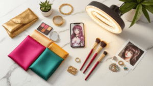 A flat lay of DTI cosplay essentials on a white marble surface, featuring vibrant fabric swatches, metallic accessories, a smartphone with a ring light, makeup brushes, character reference photos, and glittering jewelry, all bathed in warm natural light.