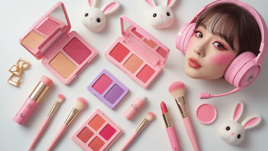 Flat lay of D.Va cosplay makeup essentials including Korean cushion foundations, pink and lavender eyeshadows, pink face paints, makeup brushes, glossy pink lipsticks, and gaming accessories like a pink headset and bunny hair clips on a white marble surface, bathed in warm golden hour lighting.